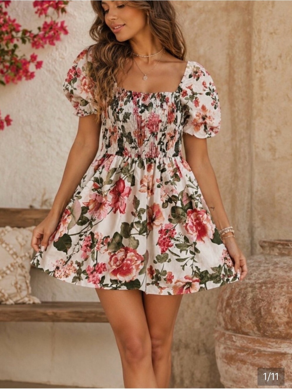 NWT Laura Ashley Floral Puff-Sleeve Smocked Mini Dress cottage core medium